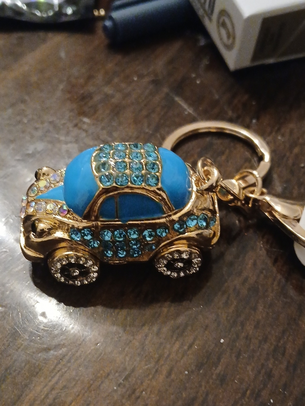 Blue Crystal Gold-Tone Car Keychain Charm